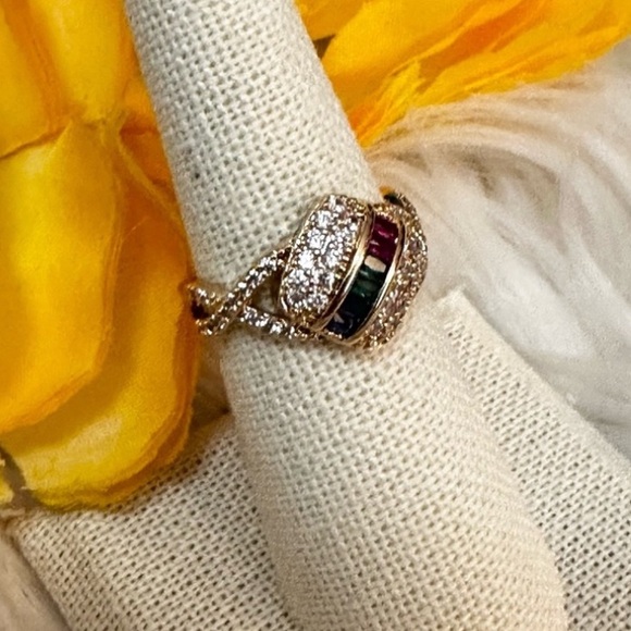 Rainbow Multi Gemstone Gold Ring With Simulate Diamond Accent NEW! - Picture 3 of 5